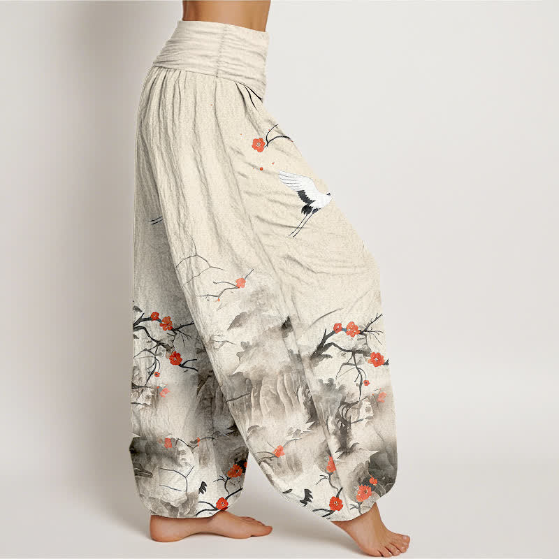 Buddha Stones Pantaloni harem da donna in puro cotone blu sfumato con motivo a fiori di gru e vita elasticizzata. - image 10