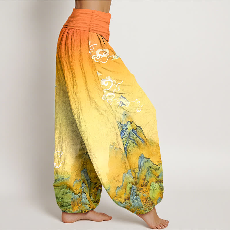 Buddha Stones Pantaloni harem da donna in puro cotone con stampa sfumata a montagna, lavaggio inchiostro, vita elasticizzata. - image 10