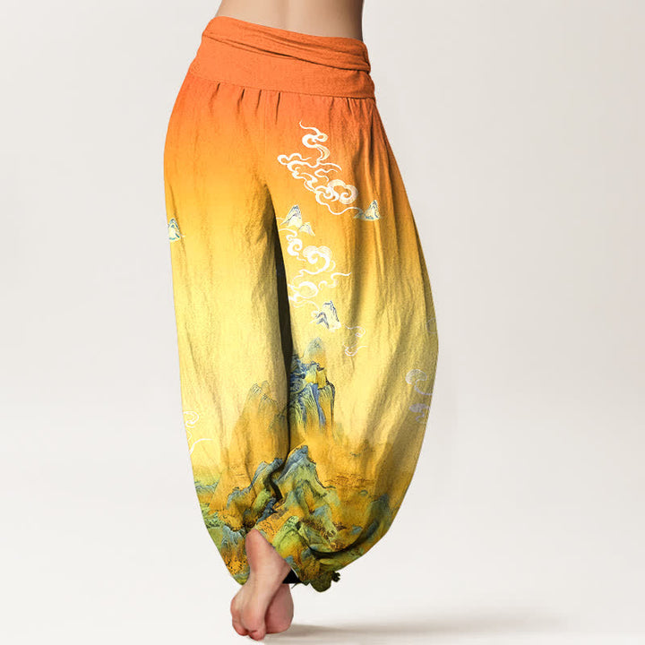 Buddha Stones Pantaloni harem da donna in puro cotone con stampa sfumata a montagna, lavaggio inchiostro, vita elasticizzata. - image 9