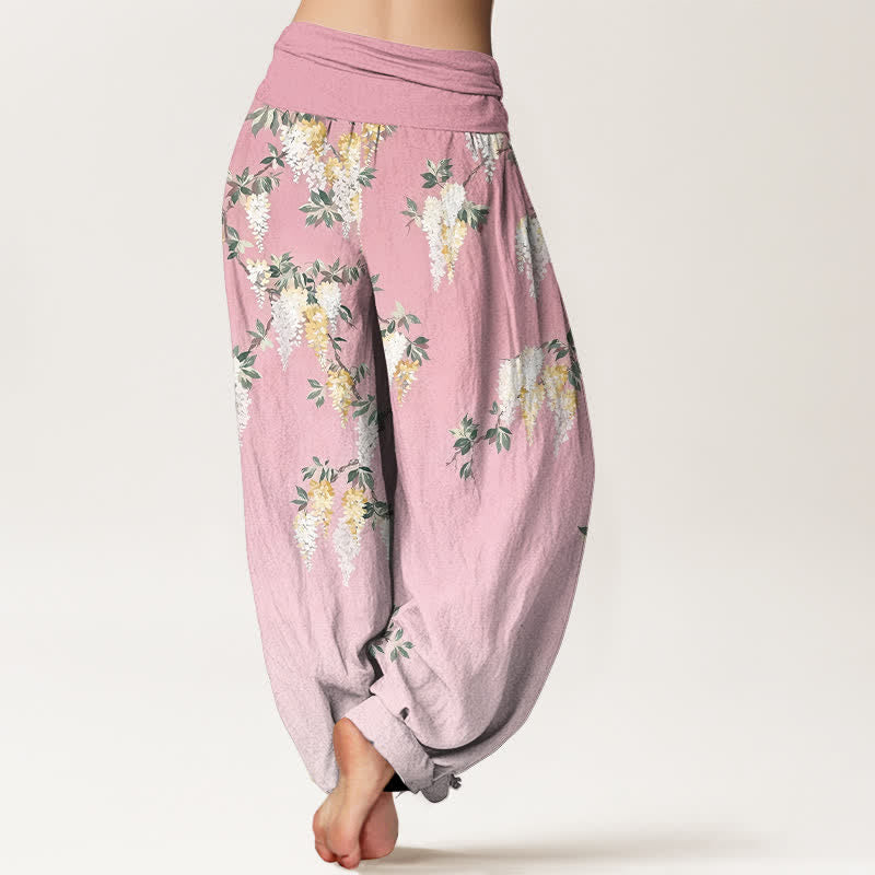 Buddha Stones Pantaloni harem da donna in puro cotone bianco con motivo a grappolo di fiori gialli e elastico in vita - image 6