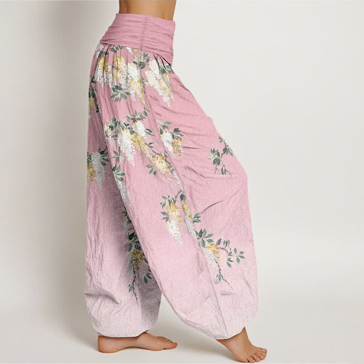 Buddha Stones Pantaloni harem da donna in puro cotone bianco con motivo a grappolo di fiori gialli e elastico in vita - image 7