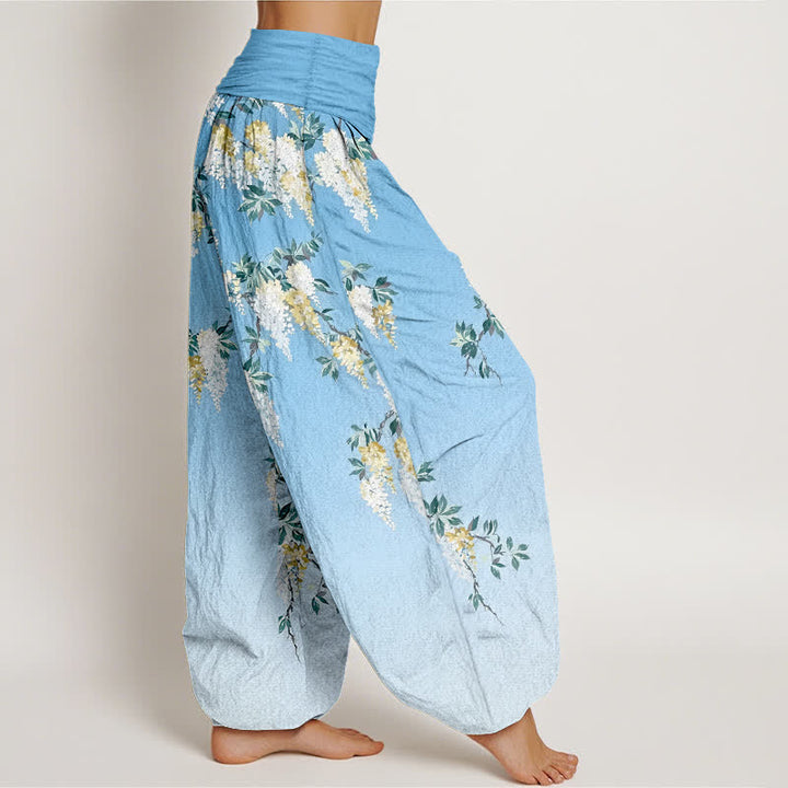 Buddha Stones Pantaloni harem da donna in puro cotone bianco con motivo a grappolo di fiori gialli e elastico in vita - image 10