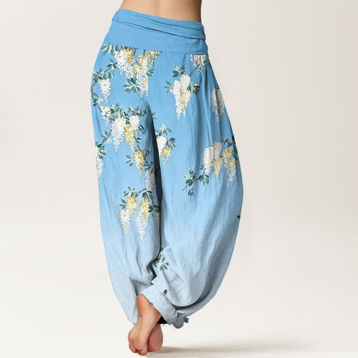 Buddha Stones Pantaloni harem da donna in puro cotone bianco con motivo a grappolo di fiori gialli e elastico in vita - image 9