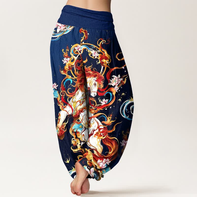 Buddha Stones Pantaloni harem da donna in puro cotone con motivo a fiamme della fenice mitologica e vita elasticizzata. - image 6