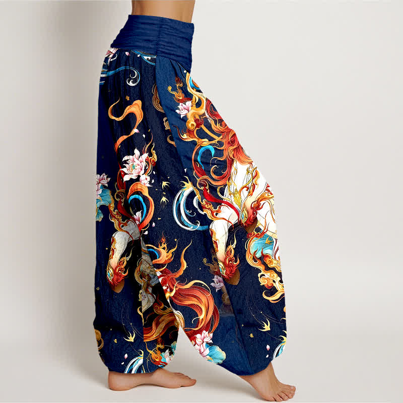 Buddha Stones Pantaloni harem da donna in puro cotone con motivo a fiamme della fenice mitologica e vita elasticizzata. - image 7