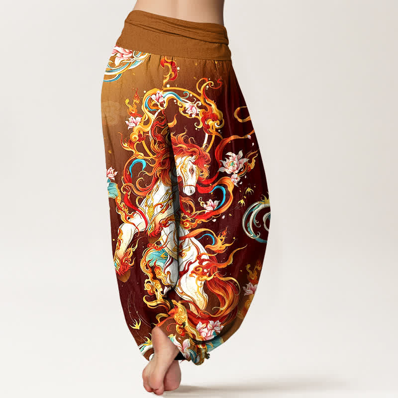 Buddha Stones Pantaloni harem da donna in puro cotone con motivo a fiamme della fenice mitologica e vita elasticizzata. - image 9