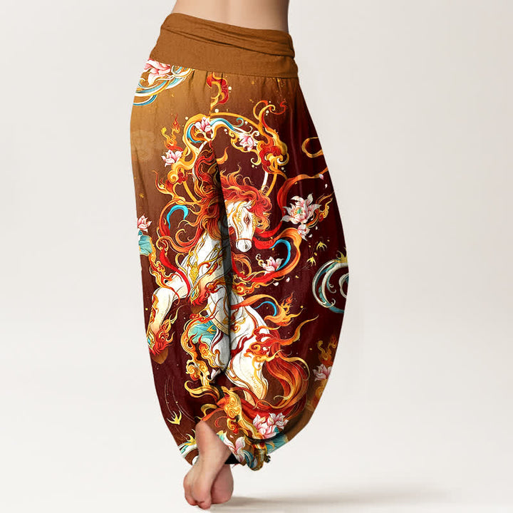 Buddha Stones Pantaloni harem da donna in puro cotone con motivo a fiamme della fenice mitologica e vita elasticizzata. - image 9