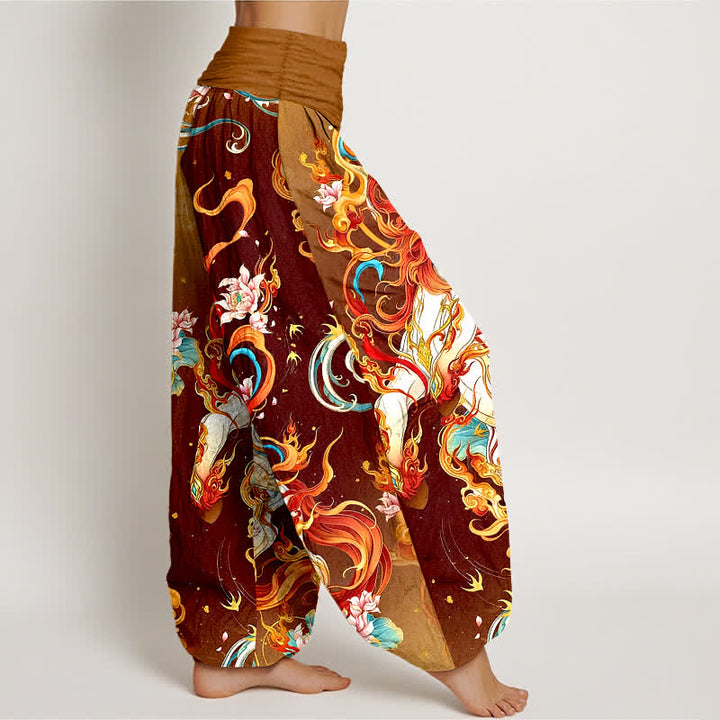 Buddha Stones Pantaloni harem da donna in puro cotone con motivo a fiamme della fenice mitologica e vita elasticizzata. - image 10