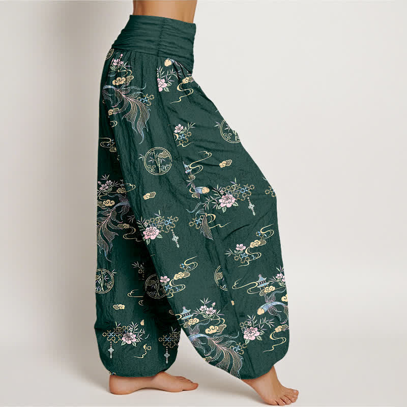Buddha Stones Pantaloni harem da donna in puro cotone con motivo floreale "Nuvola Orientale" e vita elasticizzata. - image 7