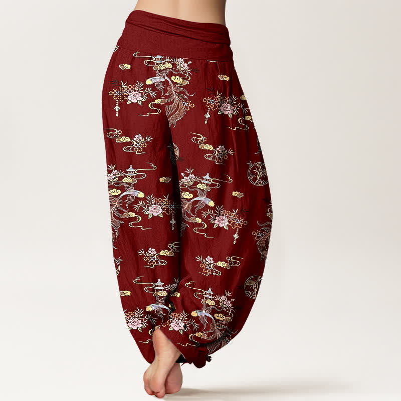 Buddha Stones Pantaloni harem da donna in puro cotone con motivo floreale "Nuvola Orientale" e vita elasticizzata. - image 9