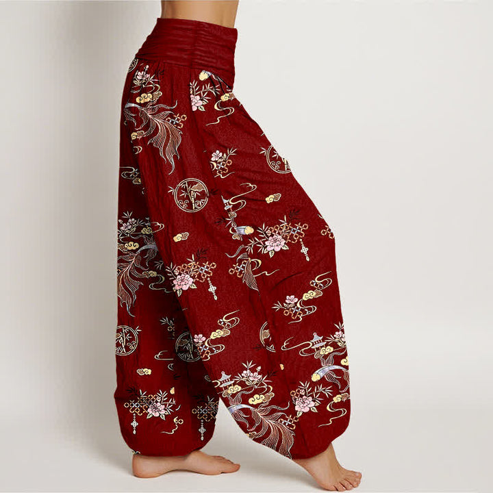 Buddha Stones Pantaloni harem da donna in puro cotone con motivo floreale "Nuvola Orientale" e vita elasticizzata. - image 10