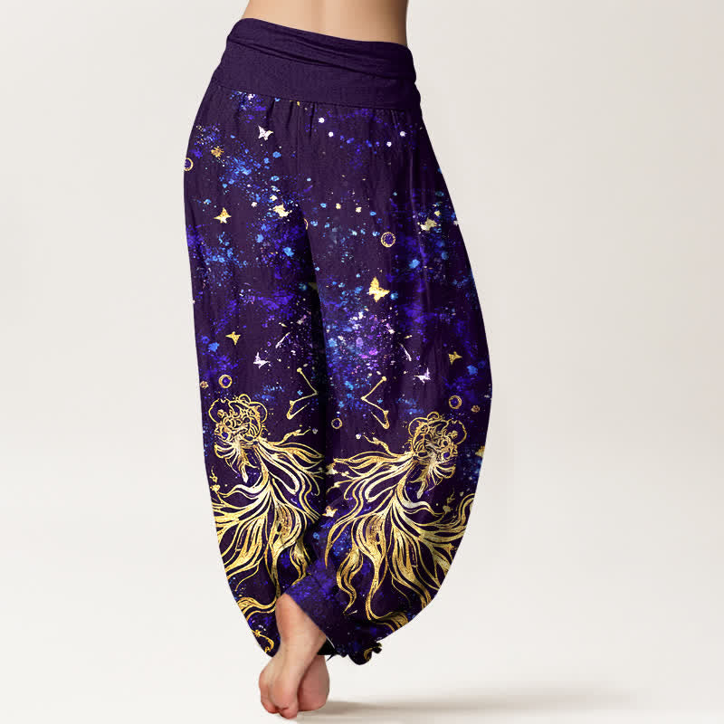 Buddha Stones Pantaloni harem da donna in puro cotone con motivo galattico a farfalle e elastico in vita. - image 9