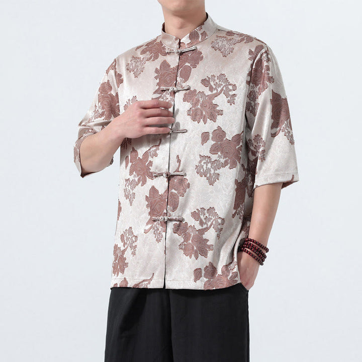 Buddha Stones Camicia da uomo a maniche a tre quarti con colletto alla coreana, bottoni a rana e motivo jacquard floreale, stile Summer Tang. - Argento - US/UK/AU46, EU56 (5XL) - image 0
