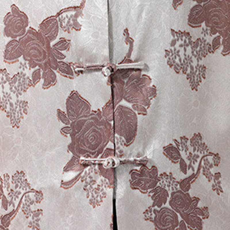 Buddha Stones Camicia da uomo a maniche a tre quarti con colletto alla coreana, bottoni a rana e motivo jacquard floreale, stile Summer Tang. - image 9