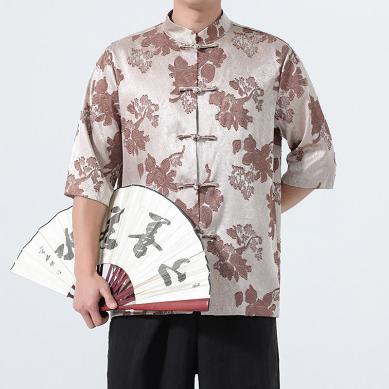 Buddha Stones Camicia da uomo a maniche a tre quarti con colletto alla coreana, bottoni a rana e motivo jacquard floreale, stile Summer Tang. - image 1