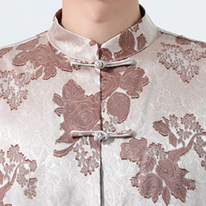 Buddha Stones Camicia da uomo a maniche a tre quarti con colletto alla coreana, bottoni a rana e motivo jacquard floreale, stile Summer Tang. - image 8