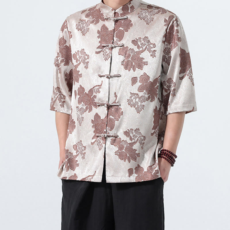 Buddha Stones Camicia da uomo a maniche a tre quarti con colletto alla coreana, bottoni a rana e motivo jacquard floreale, stile Summer Tang. - image 5