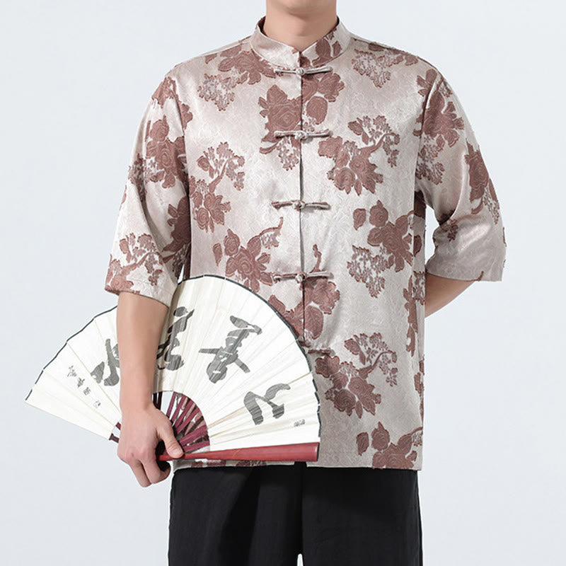 Buddha Stones Camicia da uomo a maniche a tre quarti con colletto alla coreana, bottoni a rana e motivo jacquard floreale, stile Summer Tang. - image 2