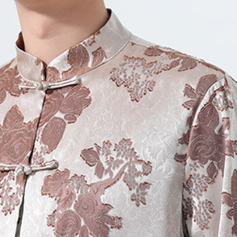 Buddha Stones Camicia da uomo a maniche a tre quarti con colletto alla coreana, bottoni a rana e motivo jacquard floreale, stile Summer Tang. - image 10