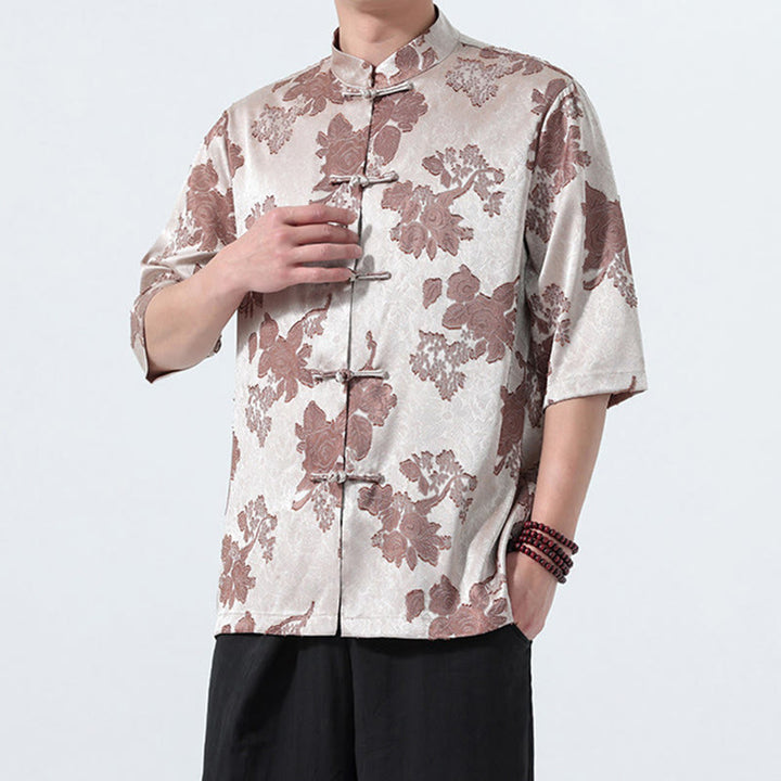 Buddha Stones Camicia da uomo a maniche a tre quarti con colletto alla coreana, bottoni a rana e motivo jacquard floreale, stile Summer Tang. - image 3