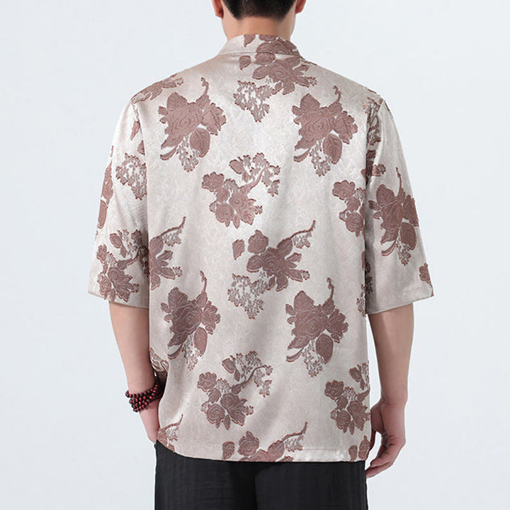 Buddha Stones Camicia da uomo a maniche a tre quarti con colletto alla coreana, bottoni a rana e motivo jacquard floreale, stile Summer Tang. - image 4