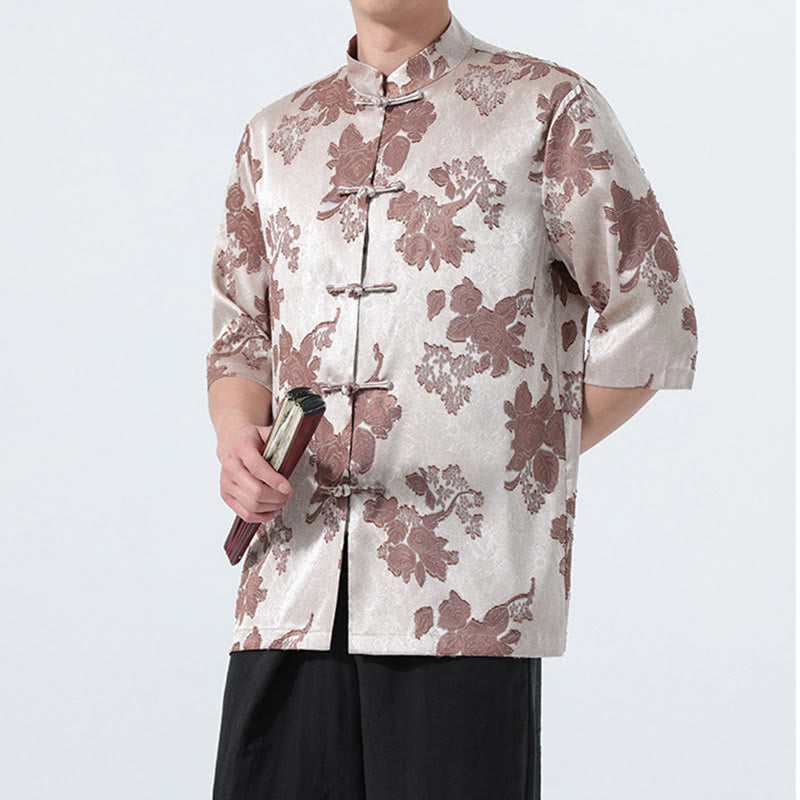 Buddha Stones Camicia da uomo a maniche a tre quarti con colletto alla coreana, bottoni a rana e motivo jacquard floreale, stile Summer Tang. - image 6
