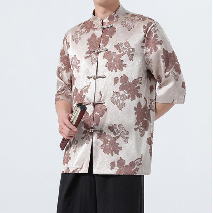 Buddha Stones Camicia da uomo a maniche a tre quarti con colletto alla coreana, bottoni a rana e motivo jacquard floreale, stile Summer Tang. - image 6
