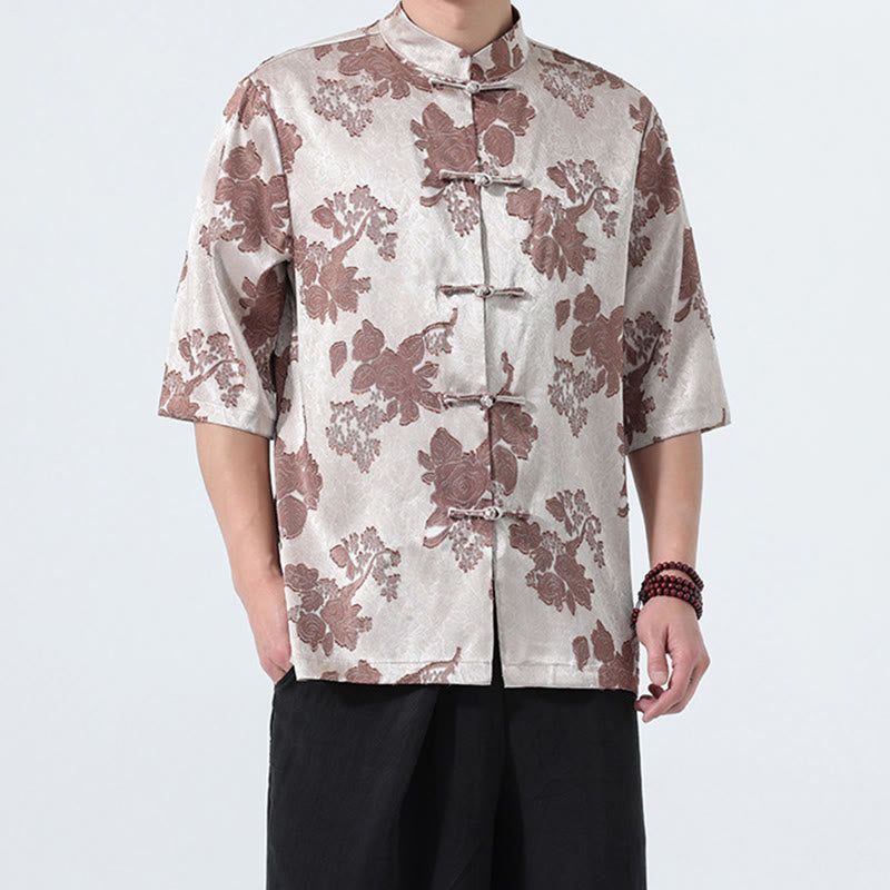 Buddha Stones Camicia da uomo a maniche a tre quarti con colletto alla coreana, bottoni a rana e motivo jacquard floreale, stile Summer Tang. - image 7