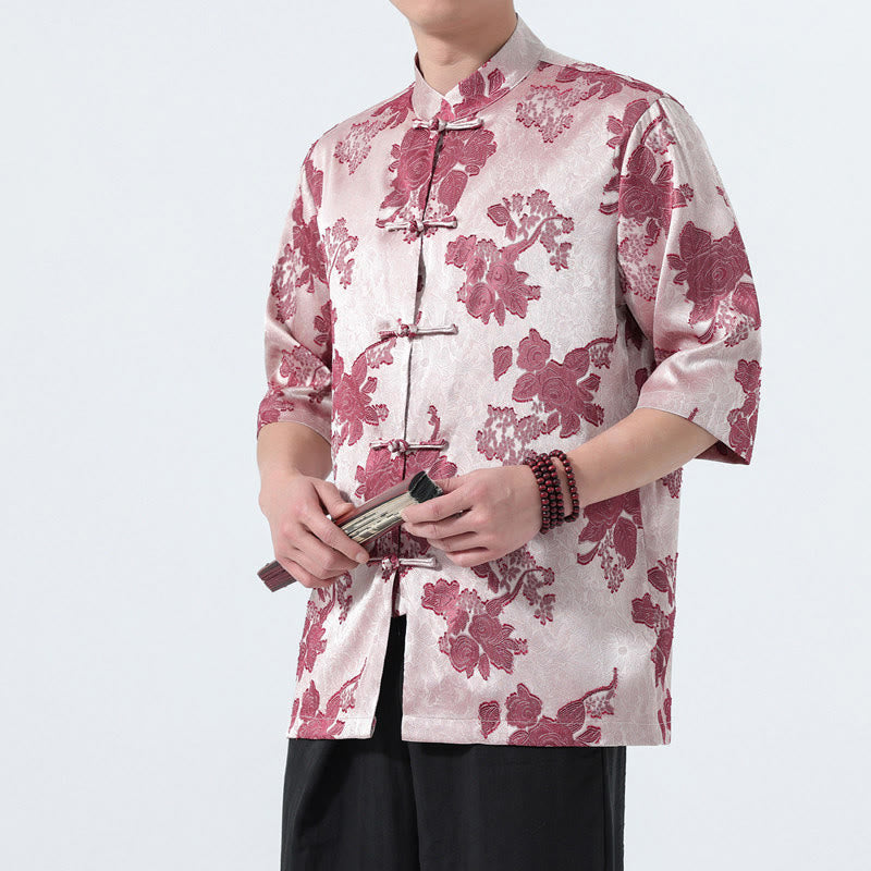 Buddha Stones Camicia da uomo a maniche a tre quarti con colletto alla coreana, bottoni a rana e motivo jacquard floreale, stile Summer Tang. - Rosa chiaro - US/UK/AU46, EU56 (5XL) - image 11
