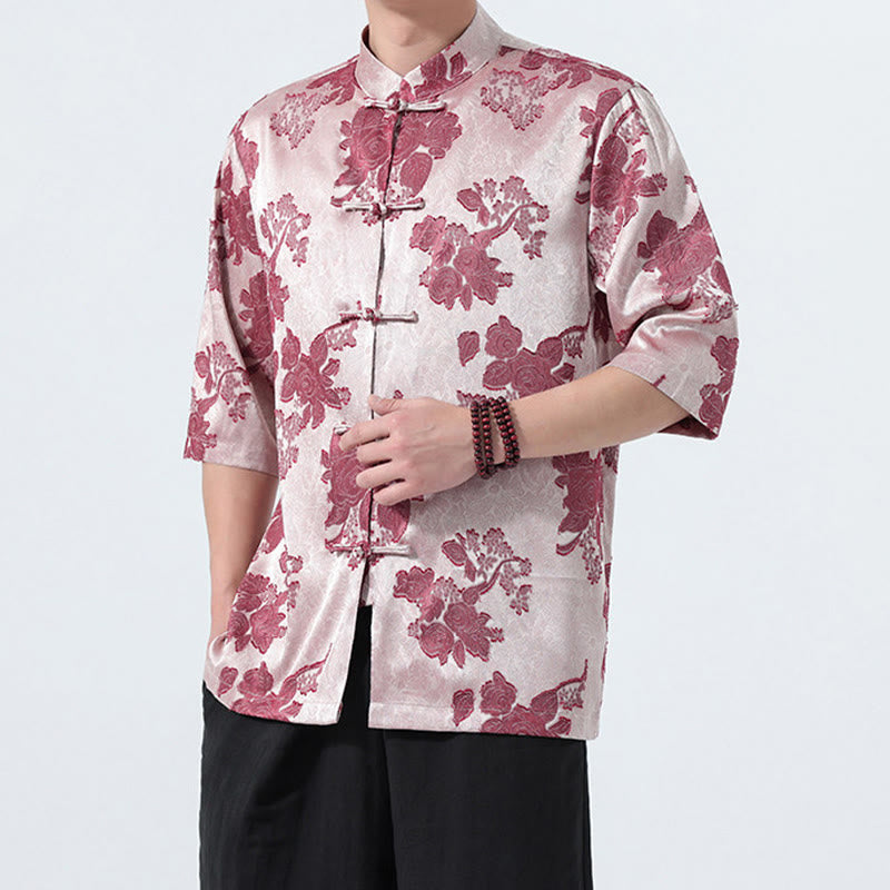 Buddha Stones Camicia da uomo a maniche a tre quarti con colletto alla coreana, bottoni a rana e motivo jacquard floreale, stile Summer Tang. - image 12