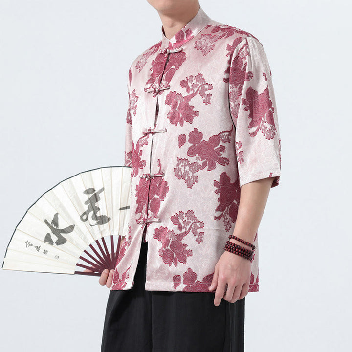Buddha Stones Camicia da uomo a maniche a tre quarti con colletto alla coreana, bottoni a rana e motivo jacquard floreale, stile Summer Tang. - image 16