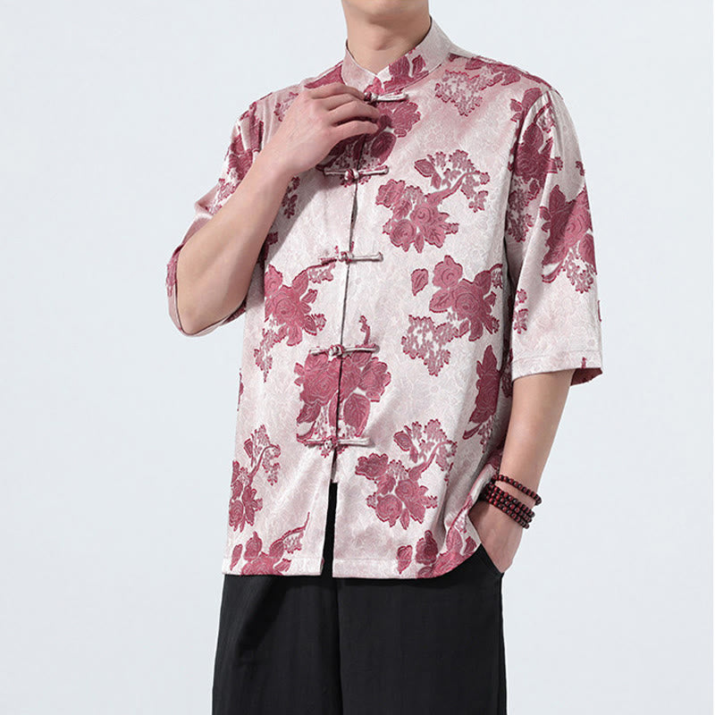 Buddha Stones Camicia da uomo a maniche a tre quarti con colletto alla coreana, bottoni a rana e motivo jacquard floreale, stile Summer Tang. - image 14
