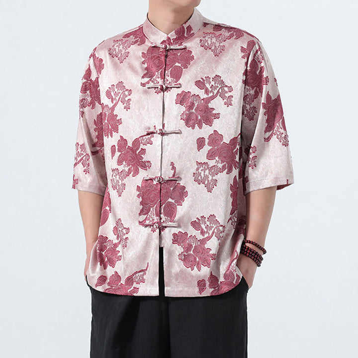 Buddha Stones Camicia da uomo a maniche a tre quarti con colletto alla coreana, bottoni a rana e motivo jacquard floreale, stile Summer Tang. - image 13