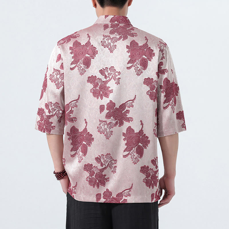Buddha Stones Camicia da uomo a maniche a tre quarti con colletto alla coreana, bottoni a rana e motivo jacquard floreale, stile Summer Tang. - image 15