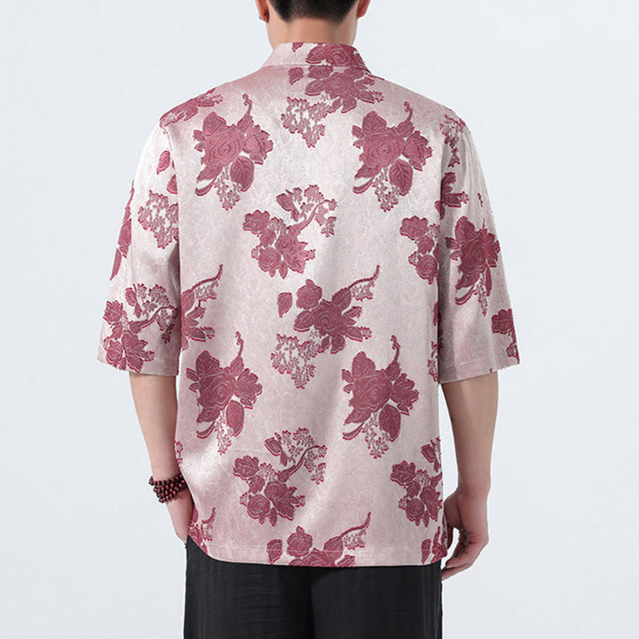 Buddha Stones Camicia da uomo a maniche a tre quarti con colletto alla coreana, bottoni a rana e motivo jacquard floreale, stile Summer Tang. - image 15