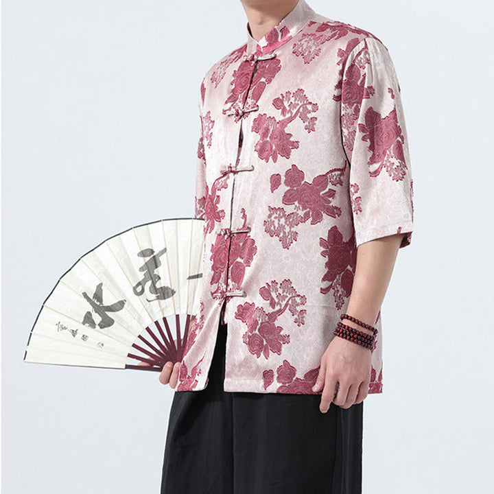 Buddha Stones Camicia da uomo a maniche a tre quarti con colletto alla coreana, bottoni a rana e motivo jacquard floreale, stile Summer Tang. - image 19