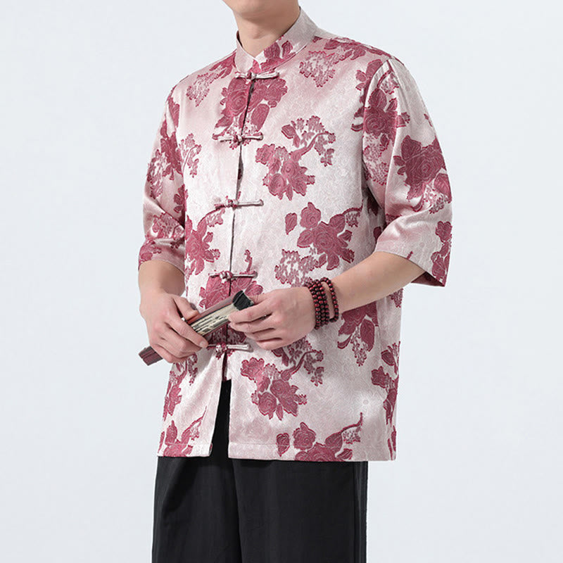 Buddha Stones Camicia da uomo a maniche a tre quarti con colletto alla coreana, bottoni a rana e motivo jacquard floreale, stile Summer Tang. - image 17