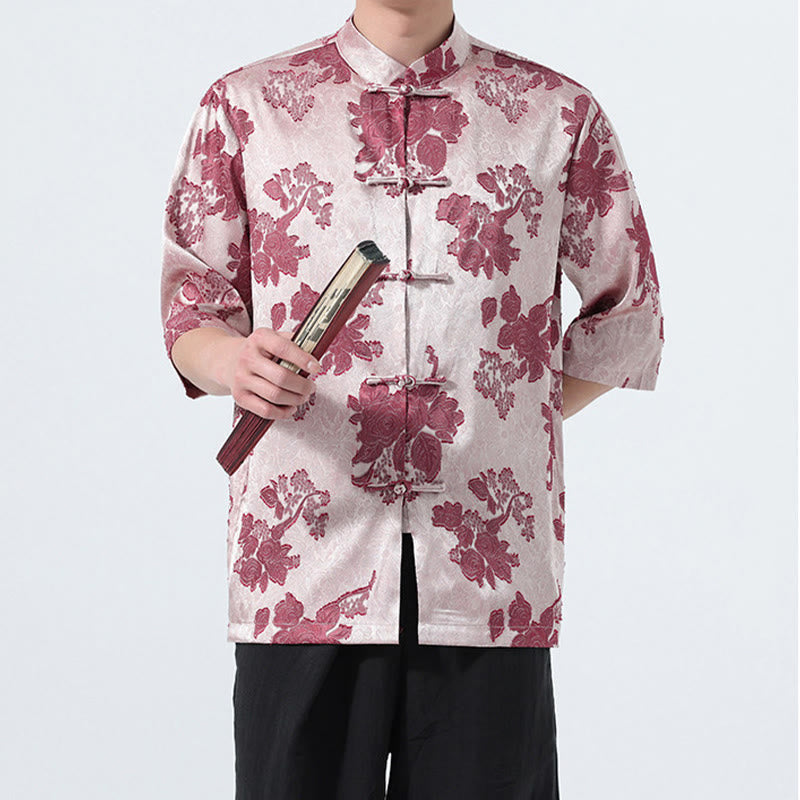 Buddha Stones Camicia da uomo a maniche a tre quarti con colletto alla coreana, bottoni a rana e motivo jacquard floreale, stile Summer Tang. - image 18