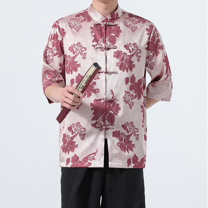 Buddha Stones Camicia da uomo a maniche a tre quarti con colletto alla coreana, bottoni a rana e motivo jacquard floreale, stile Summer Tang. - image 18
