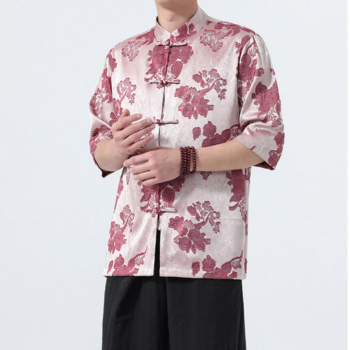 Buddha Stones Camicia da uomo a maniche a tre quarti con colletto alla coreana, bottoni a rana e motivo jacquard floreale, stile Summer Tang. - image 20
