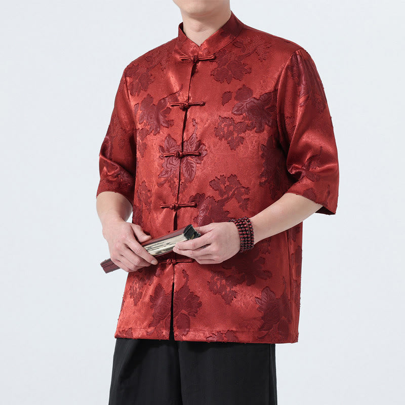 Buddha Stones Camicia da uomo a maniche a tre quarti con colletto alla coreana, bottoni a rana e motivo jacquard floreale, stile Summer Tang. - FireBrick - US/UK/AU46, EU56 (5XL) - image 21