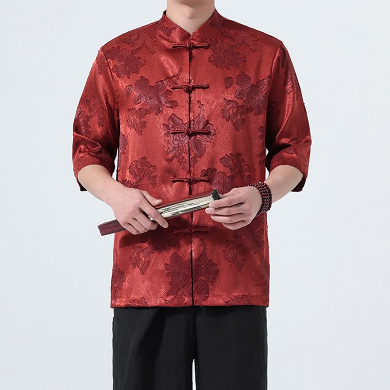 Buddha Stones Camicia da uomo a maniche a tre quarti con colletto alla coreana, bottoni a rana e motivo jacquard floreale, stile Summer Tang. - image 22