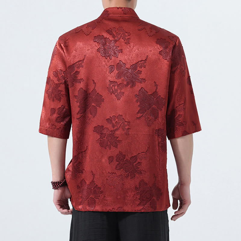 Buddha Stones Camicia da uomo a maniche a tre quarti con colletto alla coreana, bottoni a rana e motivo jacquard floreale, stile Summer Tang. - image 25