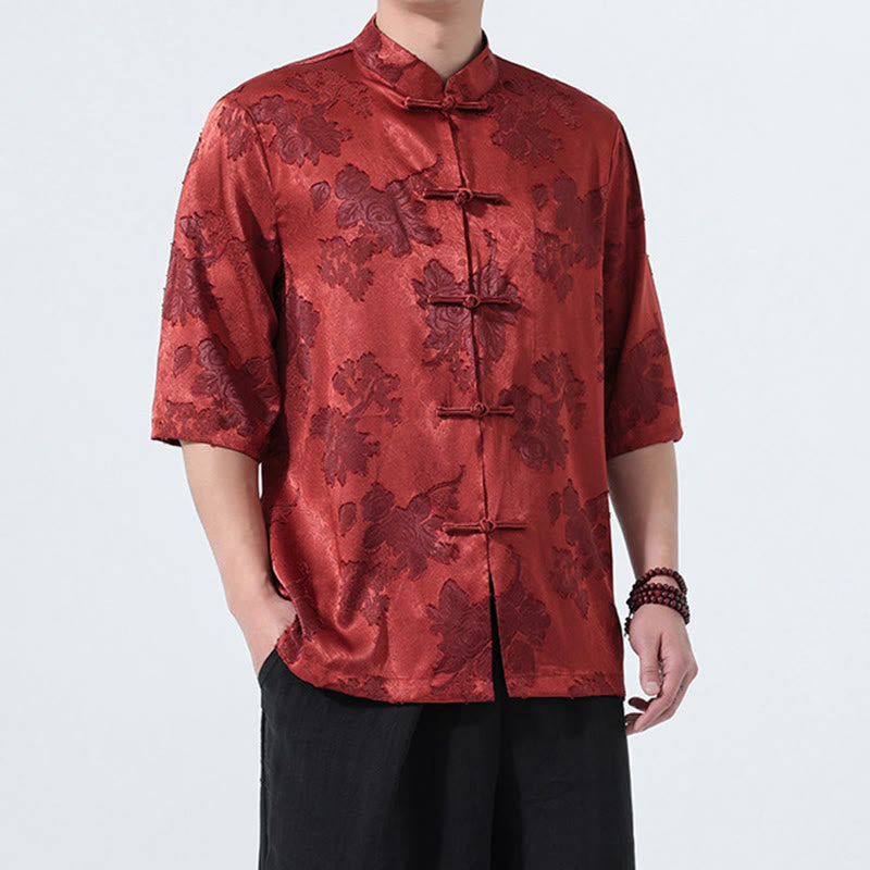 Buddha Stones Camicia da uomo a maniche a tre quarti con colletto alla coreana, bottoni a rana e motivo jacquard floreale, stile Summer Tang. - image 24