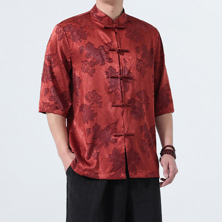 Buddha Stones Camicia da uomo a maniche a tre quarti con colletto alla coreana, bottoni a rana e motivo jacquard floreale, stile Summer Tang. - image 24