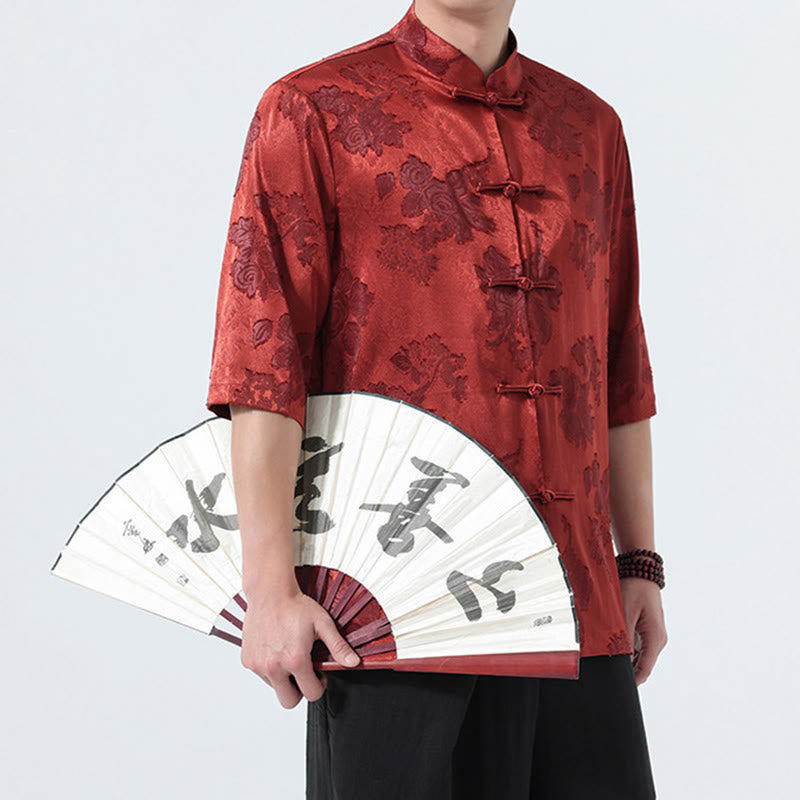 Buddha Stones Camicia da uomo a maniche a tre quarti con colletto alla coreana, bottoni a rana e motivo jacquard floreale, stile Summer Tang. - image 27