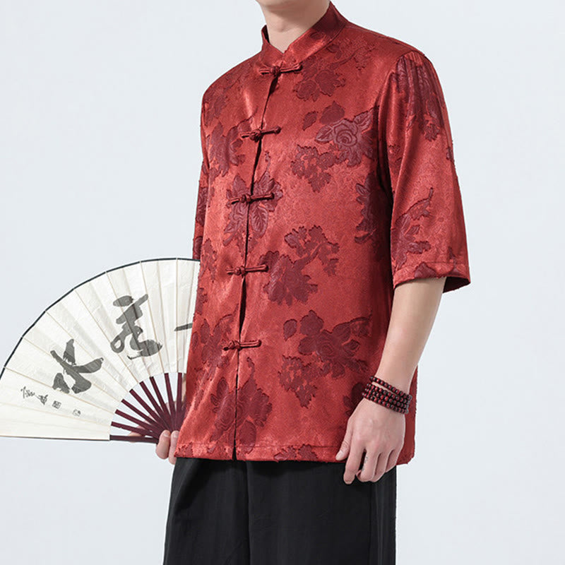 Buddha Stones Camicia da uomo a maniche a tre quarti con colletto alla coreana, bottoni a rana e motivo jacquard floreale, stile Summer Tang. - image 28