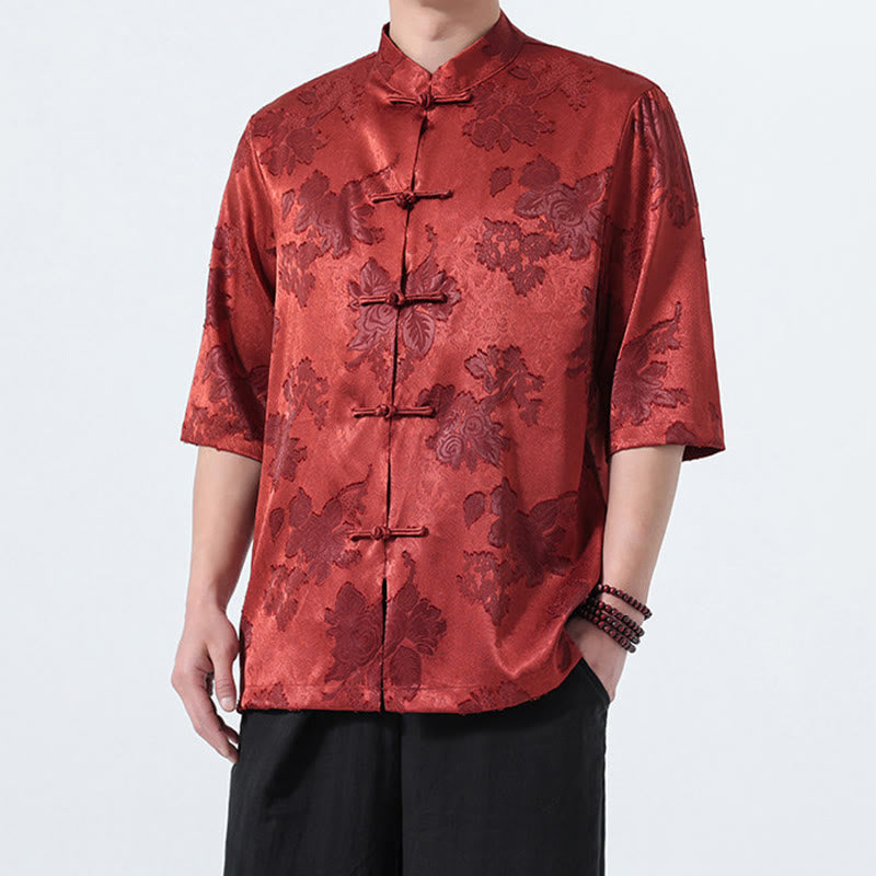 Buddha Stones Camicia da uomo a maniche a tre quarti con colletto alla coreana, bottoni a rana e motivo jacquard floreale, stile Summer Tang. - image 30