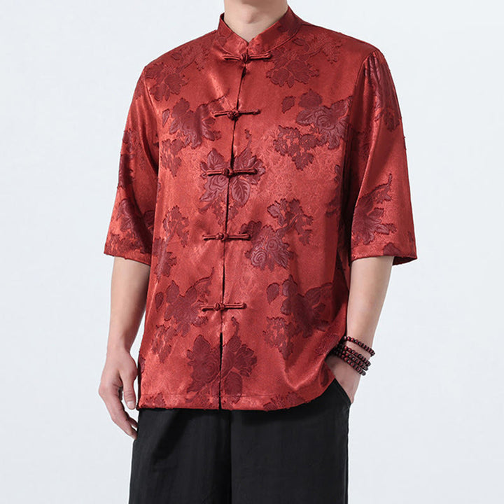 Buddha Stones Camicia da uomo a maniche a tre quarti con colletto alla coreana, bottoni a rana e motivo jacquard floreale, stile Summer Tang. - image 30
