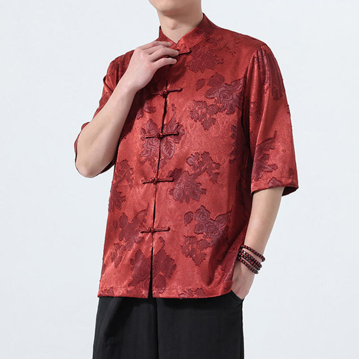 Buddha Stones Camicia da uomo a maniche a tre quarti con colletto alla coreana, bottoni a rana e motivo jacquard floreale, stile Summer Tang. - image 23